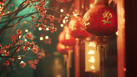 A close-up of a Chinese New Year Spring Festival celebration featuring vibrant red couplets, hanging lanterns, and traditional ornaments.の素材
