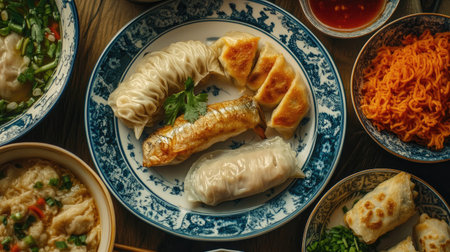 A close-up of a traditional Chinese New Year meal, featuring dumplings, spring rolls, and fish, symbolizing wealth and prosperity.の素材