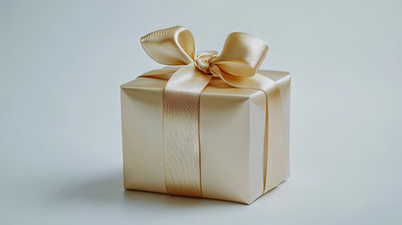 A close-up shot of a beautifully wrapped gold gift box with a satin gold ribbon, isolated on a clean white background for luxury gift promotion.の素材