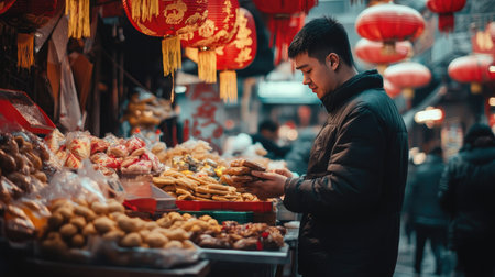 A close-up of a vendor selling traditional Chinese New Year snacks and trinkets at a temple fair, with colorful decorations and red lanterns overhead.の素材