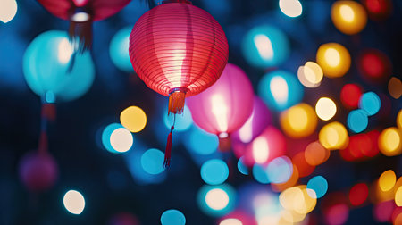 A close-up of colorful paper lanterns hanging along a Chinese New Year parade route, lighting up the night sky.の素材
