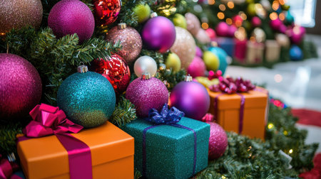 A close-up of a decorated Christmas tree base with glittering ornaments and several gift boxes in bright, festive colors.の素材