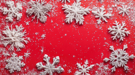 A cheerful red backdrop with snowflakes delicately scattered, offering a festive touch for Christmas cards, holiday messages, or marketing materials.の素材