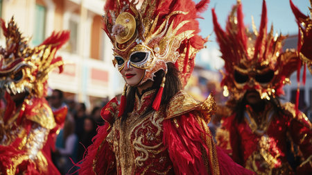A close-up of performers in elaborate costumes during a Chinese New Year parade, with dragon heads and vibrant red and gold outfits.の素材