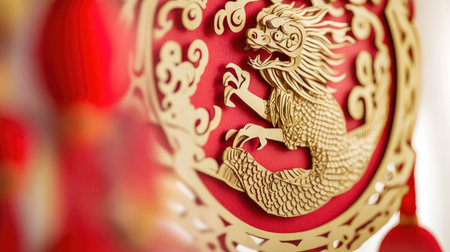 A close-up of a handmade eco-friendly Chinese New Year decoration, with recycled paper cuttings of traditional symbols like the zodiac animal.の素材