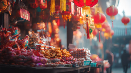 A close-up of a vendor selling traditional Chinese New Year snacks and trinkets at a temple fair, with colorful decorations and red lanterns overhead.の素材