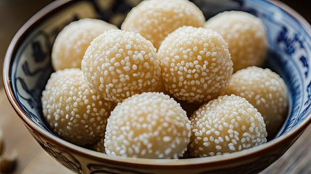 A close-up of a bowl of tangyuan sweet rice balls filled with sesame paste, a traditional dessert enjoyed during Chinese New Year.の素材