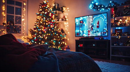 A Christmas-inspired room with a blurred tree in the background, glowing lights, and festive decor, offering a perfect backdrop for holiday photosの素材