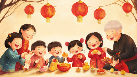 A Chinese New Year family reunion with children dressed in colorful outfits, playing games and sharing laughter with their parents and grandparents.の素材