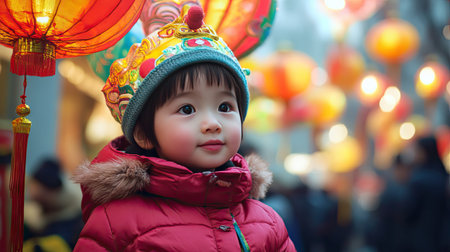 A child carrying a colorful paper lantern during a Chinese New Year parade, surrounded by festive decorations.の素材