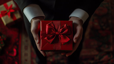 A close-up of a man's hands offering a stylish Christmas gift box adorned with a bold red bow and ribbon, perfect for holiday celebrationsの素材
