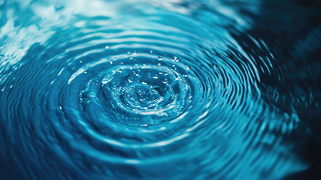 A close-up of raindrops hitting blue water, forming concentric circles of ripples, perfect for capturing the beauty and calm of rain on waterの素材