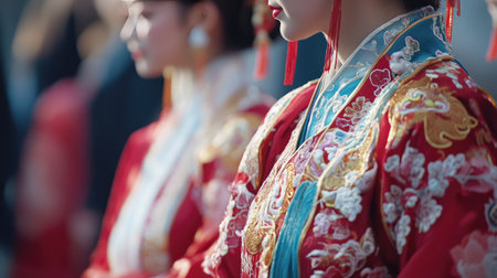 A close-up of performers dressed in traditional Chinese attire, walking in unison during a Chinese New Year parade.の素材