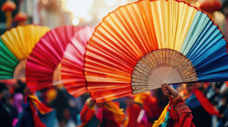 A close-up of performers holding giant colorful fans during a Chinese New Year parade, dancing gracefully through the street.の素材