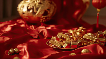 A close-up of gold ingot figurines and red envelopes arranged on a red silk cloth, with an auspicious character in the background.の素材
