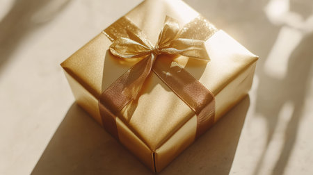 A close-up shot of a beautifully wrapped gold gift box with a satin gold ribbon, isolated on a clean white background for luxury gift promotion.の素材