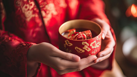 A close-up of a person receiving a traditional Chinese New Year gift, such as tea or specialty snacks, from a loved one.の素材