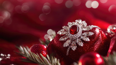 A close-up of a luxurious red Christmas gift box adorned with sparkling ornaments and fir branches, against a bright red background, perfect for holiday promotions.の素材