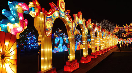 A close-up of lanterns illuminated at night, showcasing traditional Chinese New Year patterns and calligraphy.の素材