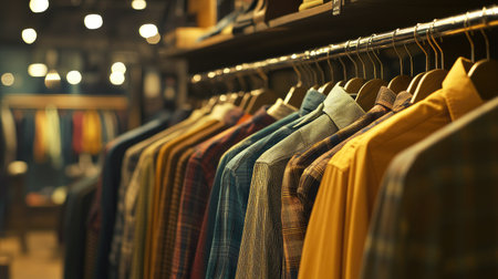 A vibrant collection of colorful shirts neatly displayed on hangers in a clothing store, showcasing stylish patterns and inviting shoppers to explore.の素材