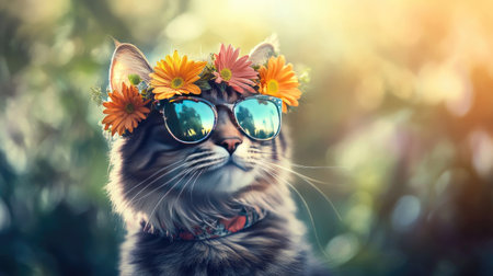 A cheerful tabby cat adorned with a flower crown and stylish sunglasses poses beautifully in a vibrant outdoor setting, radiating joy and charm.の素材