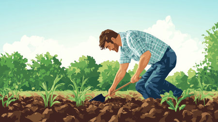 A dedicated farmer is shown bending over to dig soil in a lush green field, illustrating the hard work and connection to nature involved in agriculture.の素材