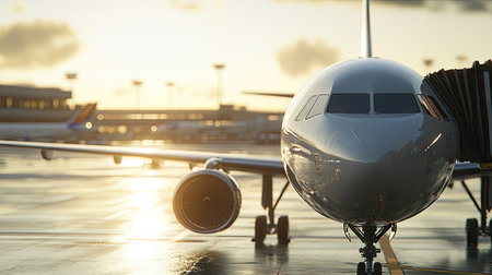 Captivating close-up of a 3D rendered airplane parked at an airport, showcasing aircraft details with a beautiful sunset in the background. Ideal for aviation themes.の素材