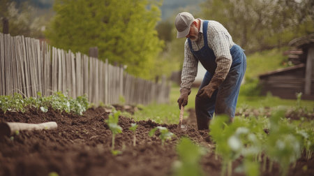A dedicated farmer in overalls carefully digs soil in a vibrant garden, showcasing the beauty of traditional agriculture and a connection to nature.の素材