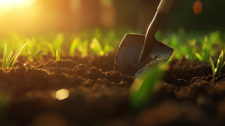 A farmer digs into freshly tilled soil, capturing the essence of agriculture during sunset. The scene emphasizes nature and the hard work involved in cultivation.の素材
