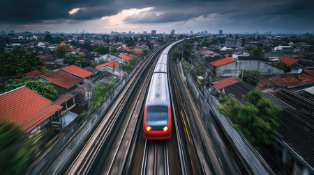 An engaging shot of a high-speed MRT train racing through an urban area. The dynamic motion captures the essence of modern transportation against a city backdrop.の素材