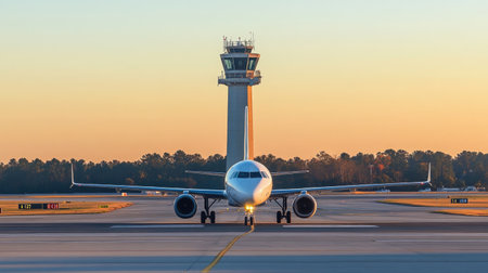 A jet airplane is waiting on the runway for takeoff instructions at a busy airport, with a control tower visible in the background during early morning.の素材