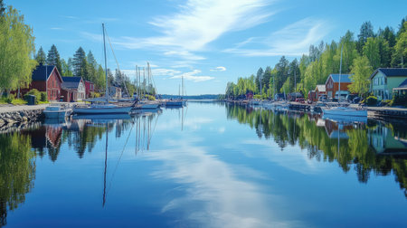 This stunning image captures a serene marina in Finland featuring vibrant houses and calm water, reflecting a beautiful sky. Perfect for showcasing tranquility.の素材