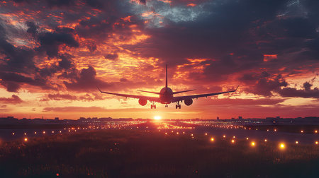 An airplane takes off against a stunning sunset, silhouetted by colorful clouds. The scene captures the beauty of flight as the sky transforms into a vibrant canvas.の素材