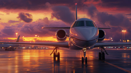 A stunning private jet is parked on the runway at dawn, reflecting the colorful sky and offering a serene view of morning aviation. Ideal for travel and luxury themes.の素材
