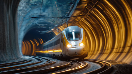 A dynamic EMU train speeds through a tunnel, showcasing modern transport technology and the thrill of travel. The illuminated tracks enhance the dramatic motion.の素材