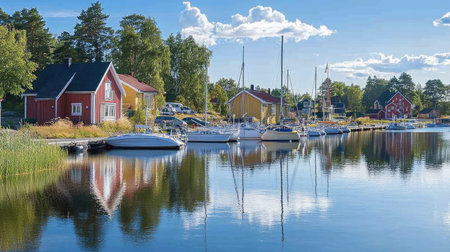 Discover a serene marina in Finland, showcasing colorful houses and boats reflecting in calm waters under a clear blue sky. A perfect escape destination.の素材