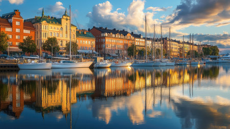 Experience a tranquil sunny day in Finland, where sailboats gently float in a picturesque harbor, reflecting the serene sky and vibrant clouds.の素材