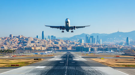 A stunning jet is captured in mid-takeoff from Barcelona airport, showcasing a vibrant city skyline against a clear blue sky. Perfect for aviation themes.の素材