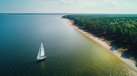 A serene scene depicting a sailboat gliding effortlessly across calm waters, surrounded by a lush shoreline of trees, perfect for nature lovers and adventurers.の素材