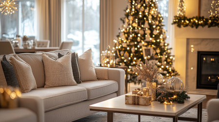 A beautifully decorated living room with a blurred Christmas tree, glowing lights, and festive touches, perfect for holiday photo backgroundsの素材