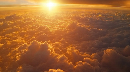 Experience a stunning aerial view of fluffy clouds illuminated by warm golden light during a serene sunset, capturing the beauty of nature from above.の素材