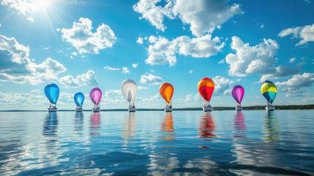 A stunning view of colorful hot air balloons floating above calm waters, creating a vibrant scene under a bright sky filled with fluffy clouds.の素材