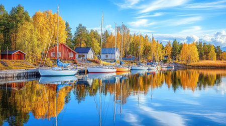 Discover a serene Finnish marina dotted with sailboats, surrounded by vibrant autumn colors and clear blue skies, reflecting on tranquil waters.の素材