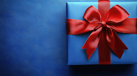 A beautifully wrapped gift box with a red satin ribbon and bow on a vibrant blue background, perfect for Christmas or birthday celebrations, with ample copy space for text.の素材