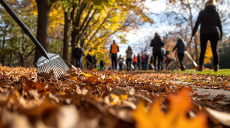A vibrant autumn scene of a park walkway filled with people raking colorful leaves. The blend of golden foliage and community engagement captures the essence of the season.の素材
