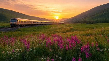 A captivating sunrise view features a train traveling through lush fields adorned with colorful flowers, showcasing the beauty of nature and tranquility.の素材