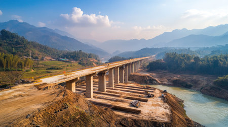 A stunning wide-angle view of a new railway bridge under construction amidst a mountainous landscape, showcasing the harmony between nature and infrastructure.の素材