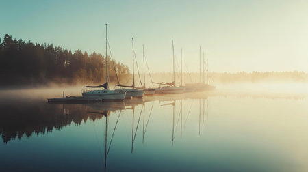 This stunning image showcases a serene marina in Finland at dawn, with boats anchored in calm waters, enveloped by a gentle morning fog, reflecting the peaceful surroundings.の素材