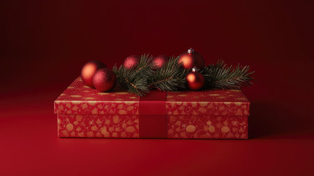 A beautifully wrapped luxury Christmas gift box with shimmering ornaments and fir branches, placed on a bold red backdrop, perfect for a premium holiday scene.の素材