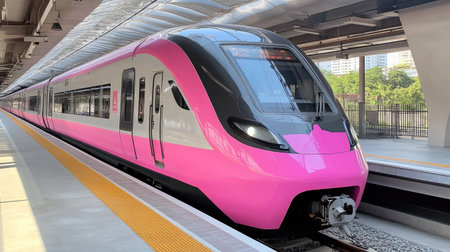 A sleek pink MRT train arrives at the platform, showcasing modern transportation design. Ideal for urban travel themes and commuter imagery.の素材
